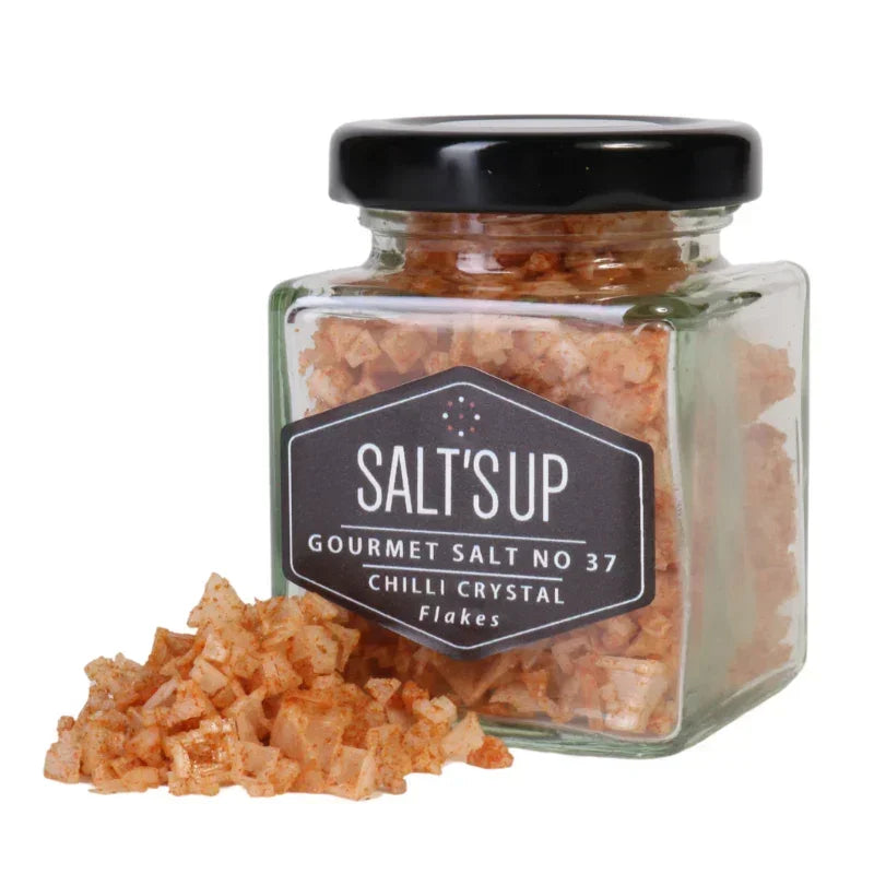 Jar of SALT'S UP Gourmet Salt No 37 Chilli Crystal Flakes with chili salt crystals
