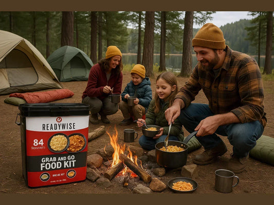 Family camping with 84-serving emergency food kit cooking over campfire near tents in forest