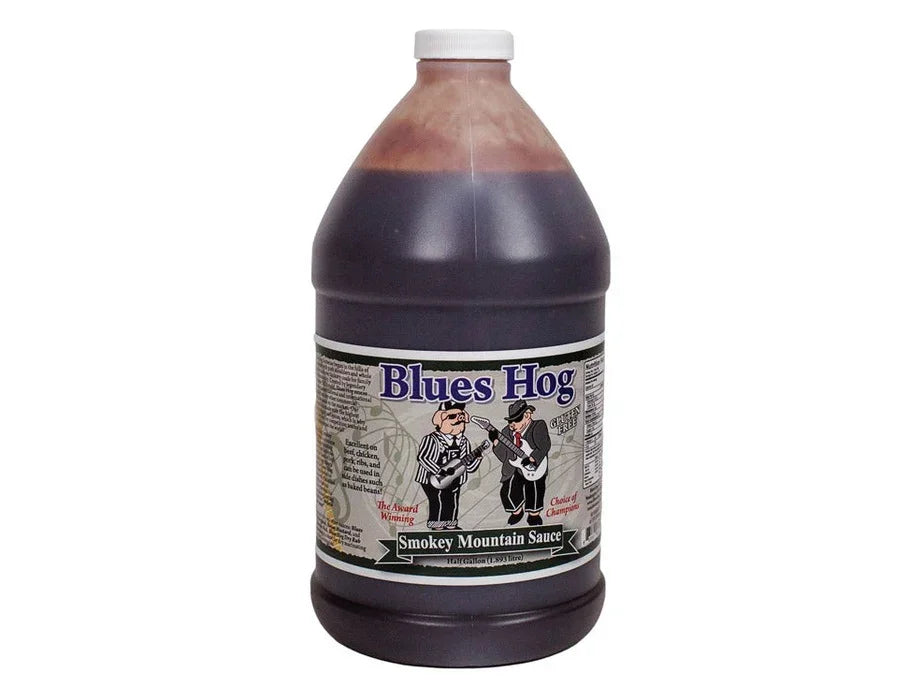 Blues Hog Smokey Mountain Sauce gallon jug with illustrated label, barbecue condiment
