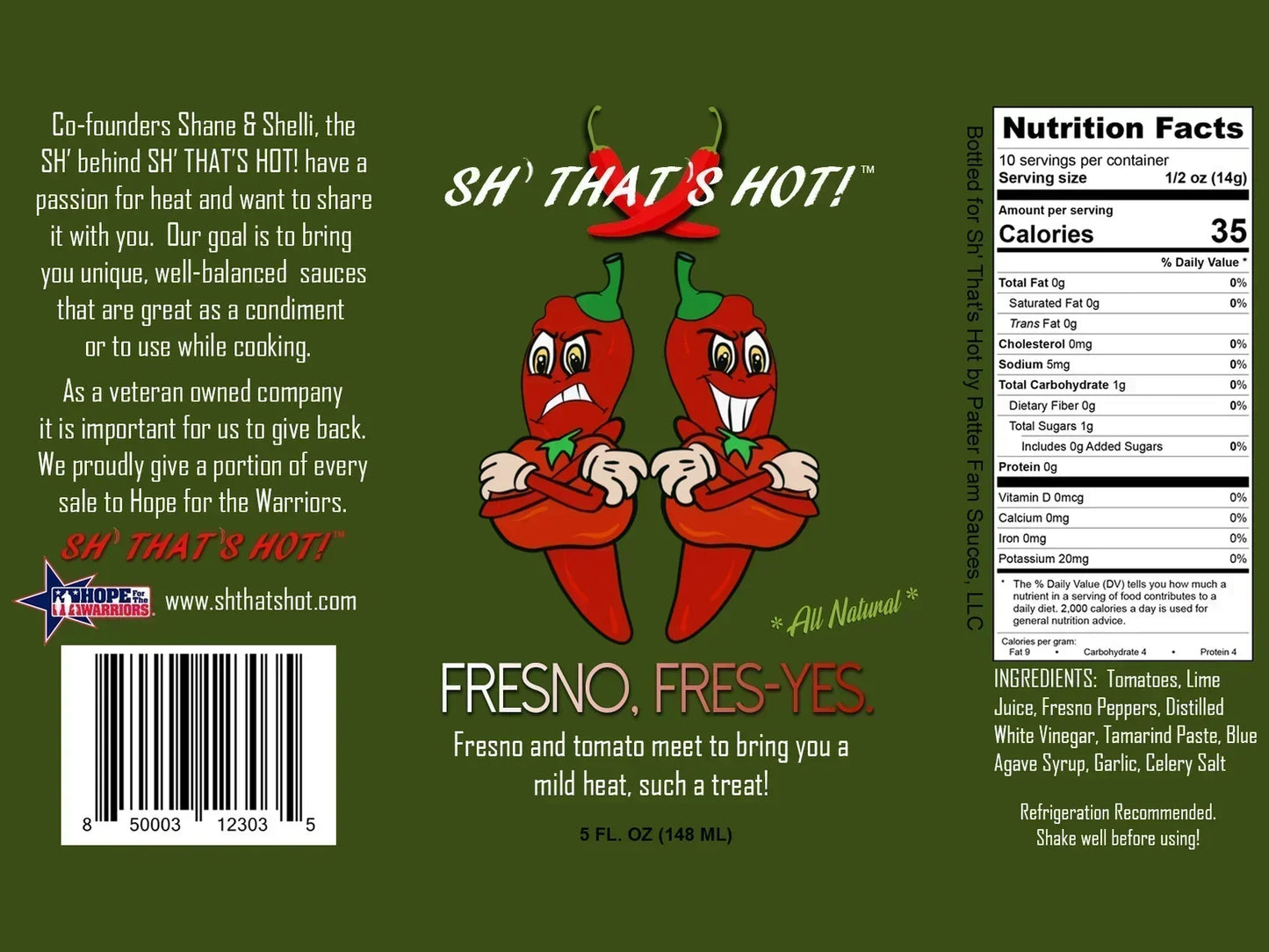 Fresno hot sauce label featuring cartoon chili peppers, ingredient list, nutrition facts, and product info.