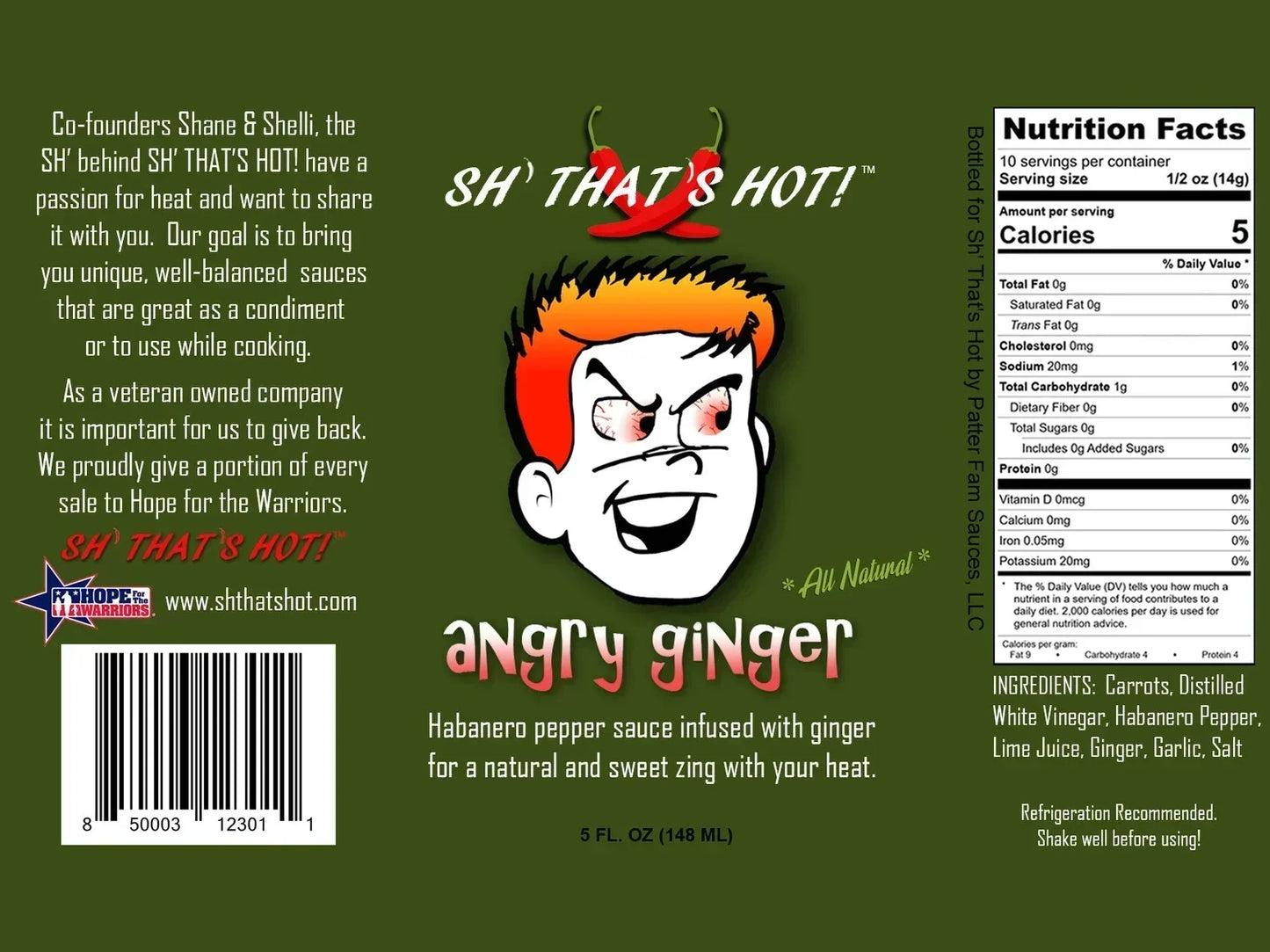 Angry Ginger hot sauce label featuring cartoon face, habanero pepper, ginger, and ingredients list.