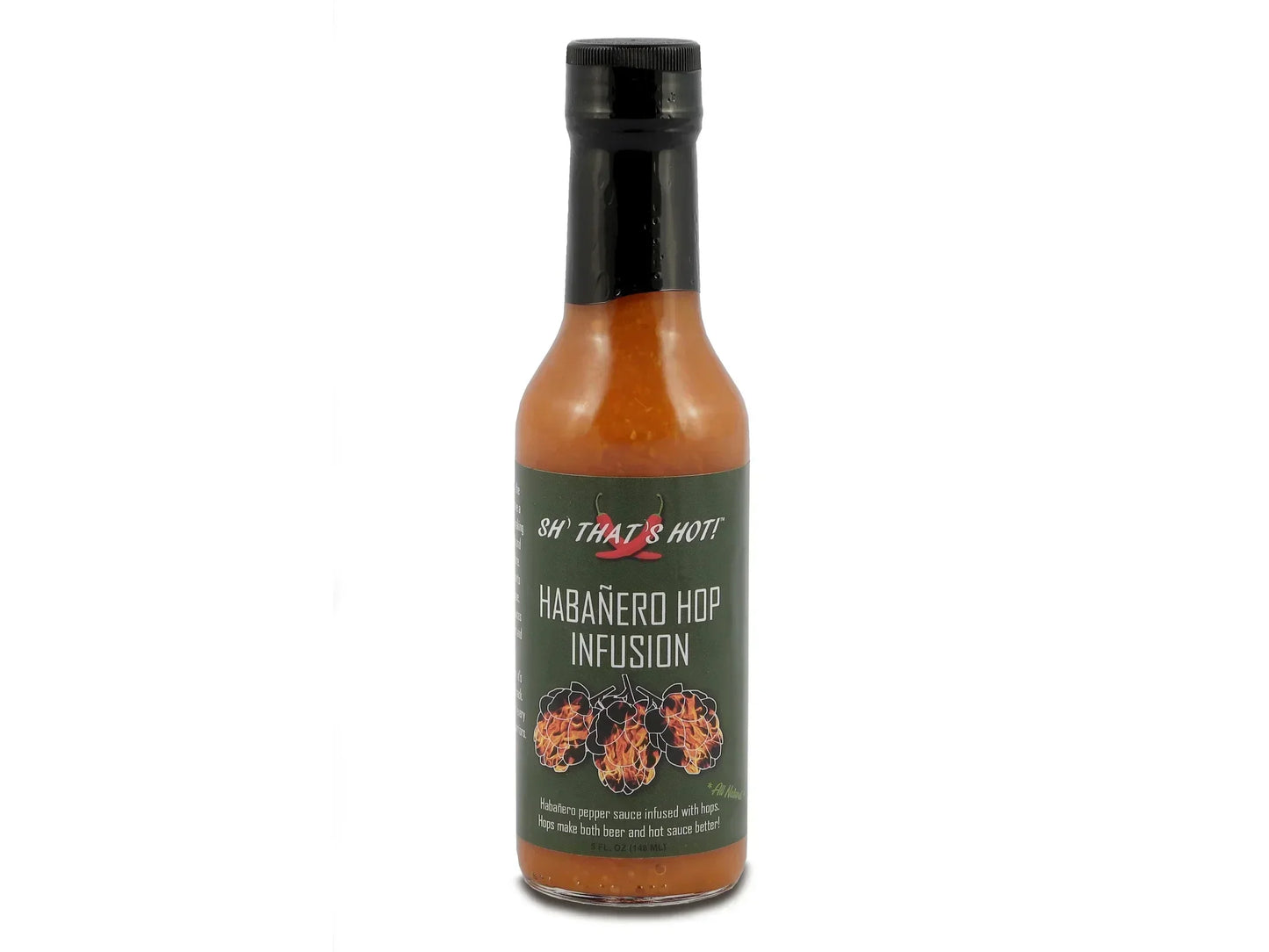 Bottle of Habanero Hop Infusion hot sauce with green label and hop illustrations