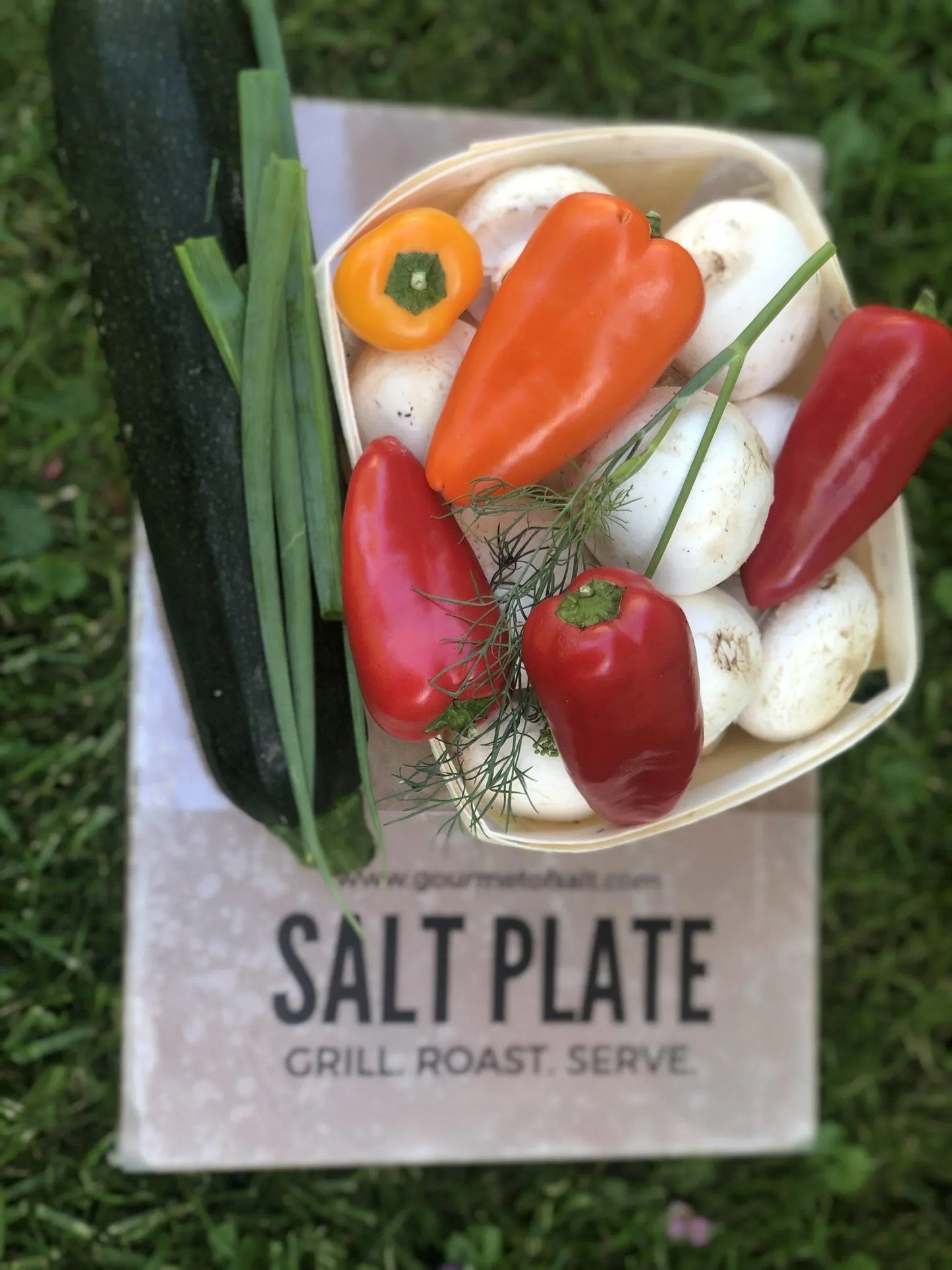 Fresh zucchini, bell peppers, mushrooms, and herbs on a salt plate for grilling outdoors.