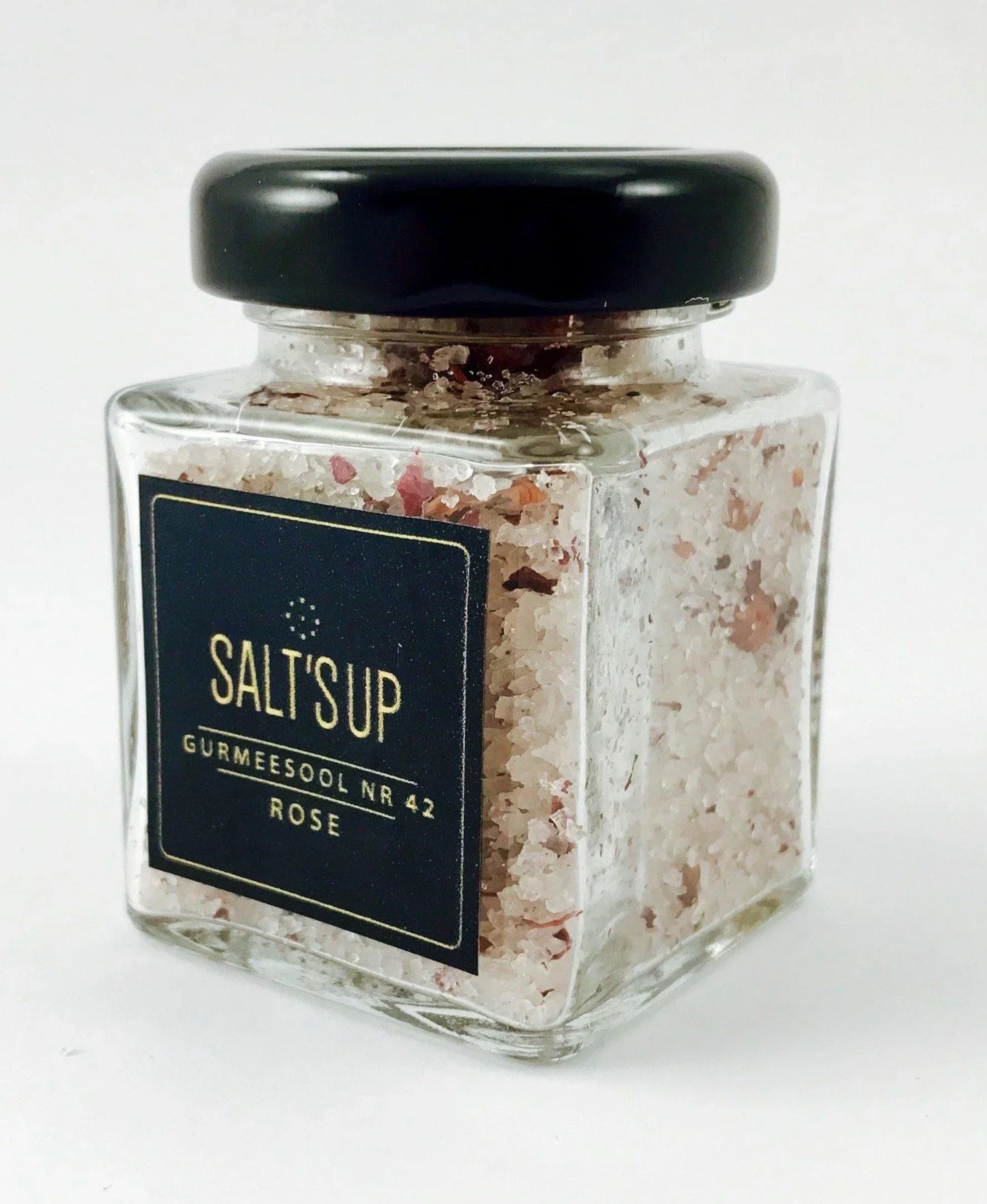 Salt's Up rose gourmet salt in a square glass jar with black lid, Spice n Slice Market