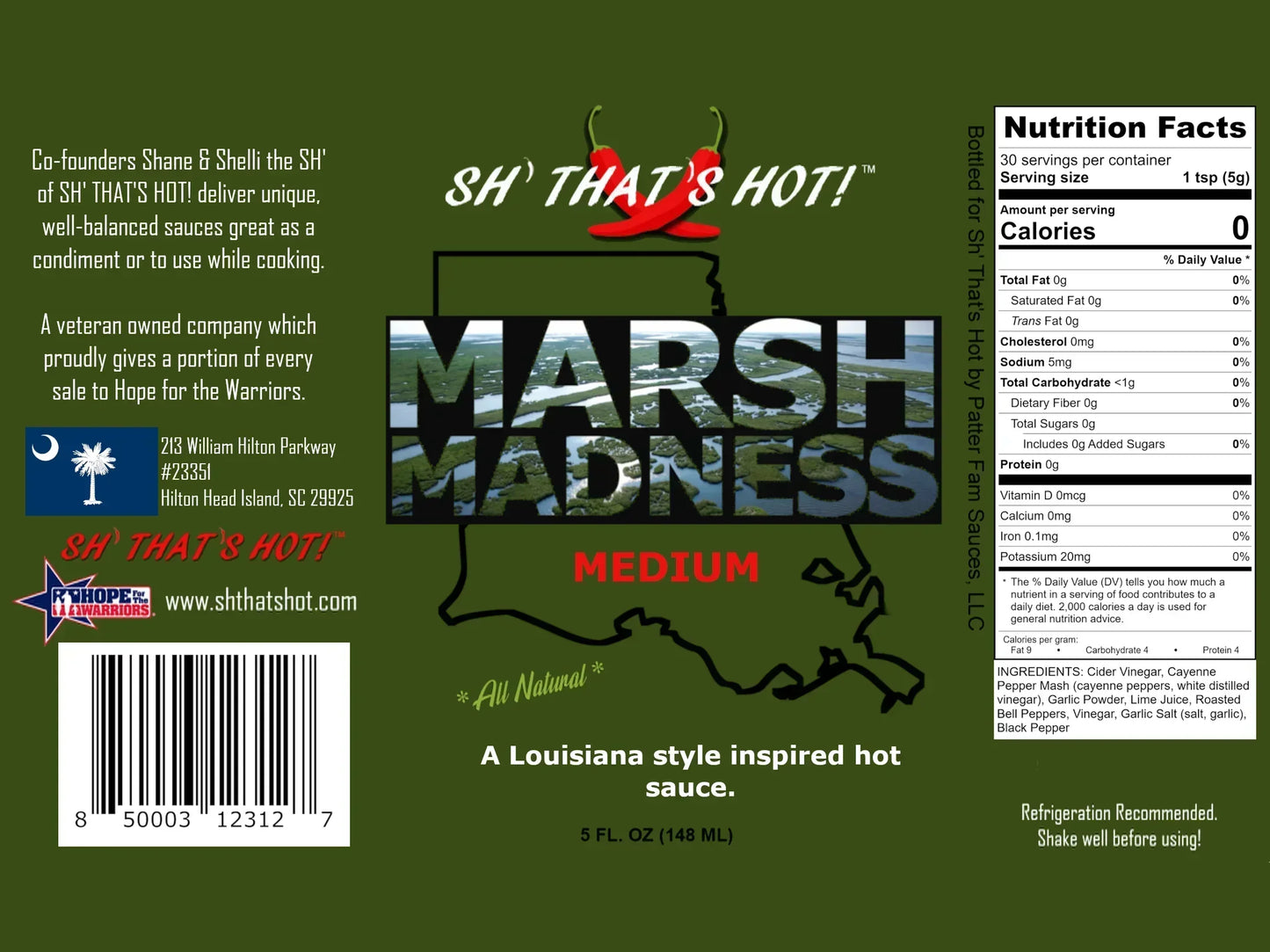 Marsh Madness Medium Louisiana style hot sauce bottle label with nutrition facts and ingredient list