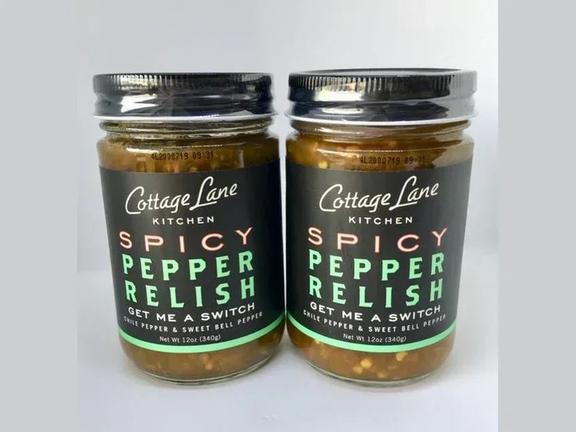 Two jars of spicy pepper relish with chile pepper and sweet bell pepper, 12oz each