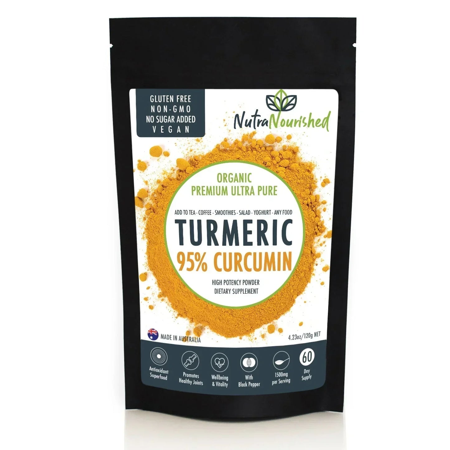NutraNourished turmeric curcumin powder supplement bag with organic turmeric powder and key benefits.
