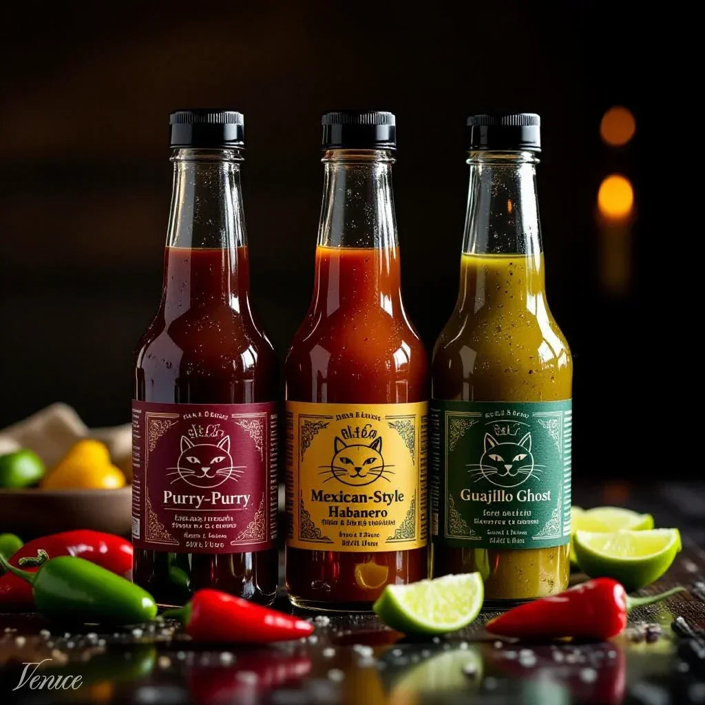 Three hot sauce bottles labeled Purry-Purry, Mexican-Style Habanero, and Guajillo Ghost surrounded by chili peppers and lime wedges