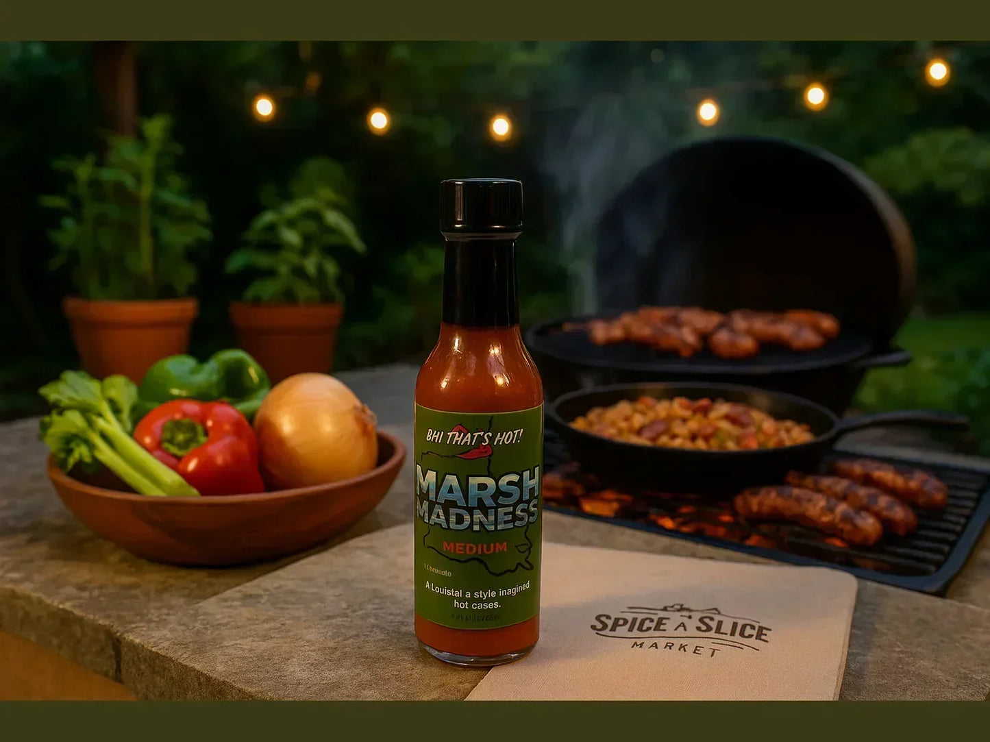 Louisiana-style hot sauce bottle on outdoor grill table with fresh vegetables and barbecue