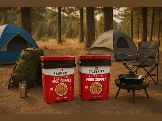 Camping scene with two tents, ReadyWise emergency food supply buckets, backpack, and camp cookware in a forest