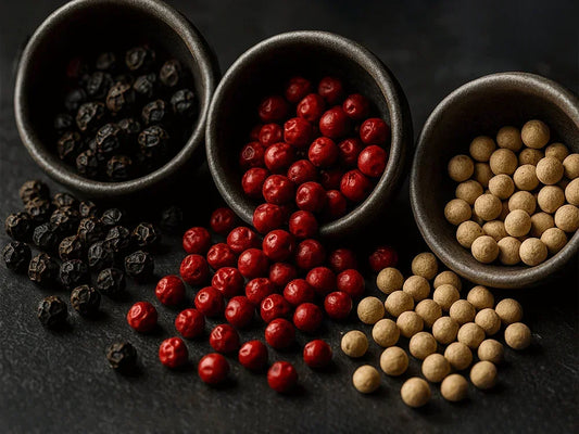 Black, red, and white Kampot peppercorns in ceramic bowls on a dark surface