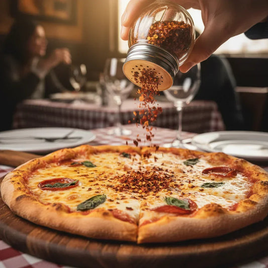 Hand sprinkling chili flakes on pepperoni pizza in a cozy restaurant setting