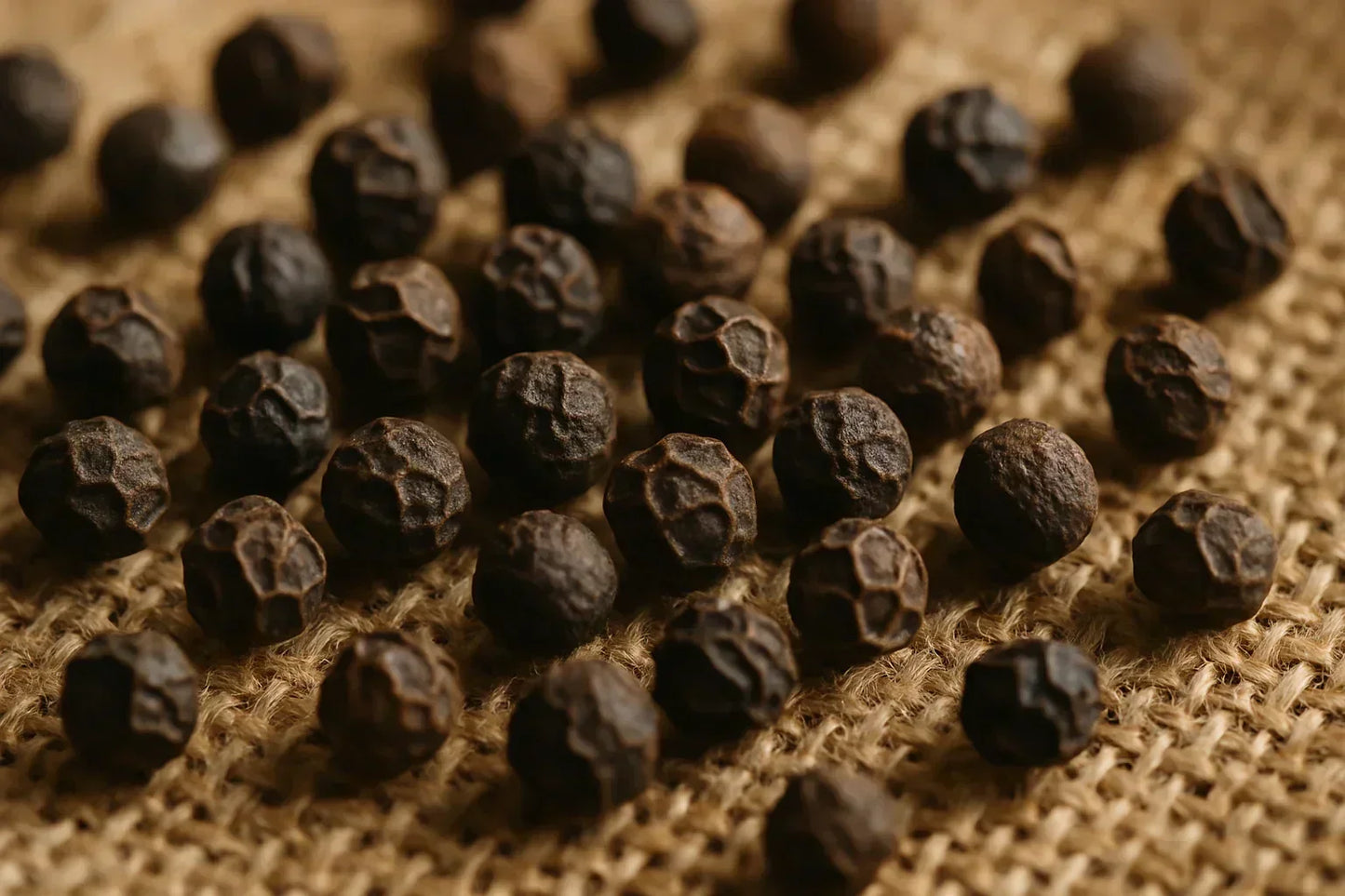 Close-up of whole black peppercorns on a textured burlap surface