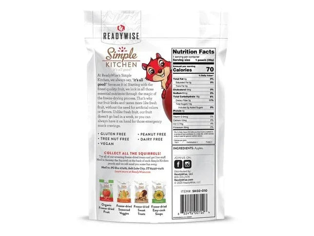 Back of ReadyWise Simple Kitchen freeze-dried apple snacks bag with nutrition facts and ingredient list.