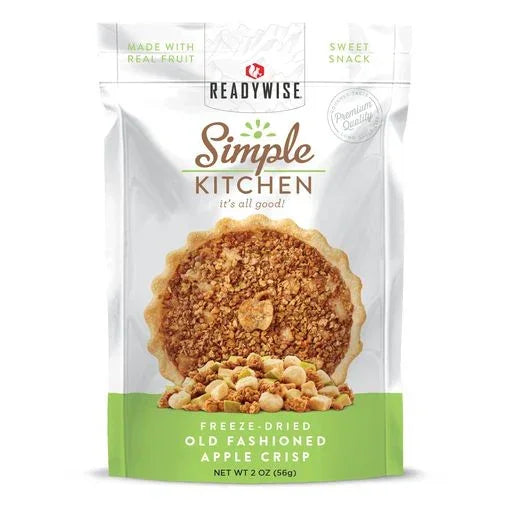 Freeze-dried old fashioned apple crisp snack in resealable pouch, real fruit, sweet treat