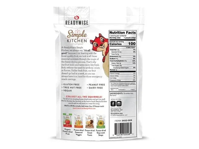 Back of Readywise Simple Kitchen organic freeze-dried strawberries pouch with nutrition facts and ingredient details, gluten free, vegan snack.