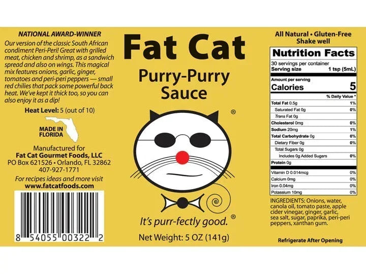 Fat Cat Purry-Purry Sauce label with cat logo, ingredients, nutrition facts, and spice level info.