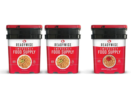 Three ReadyWise emergency food supply buckets with red labels, 120 servings each