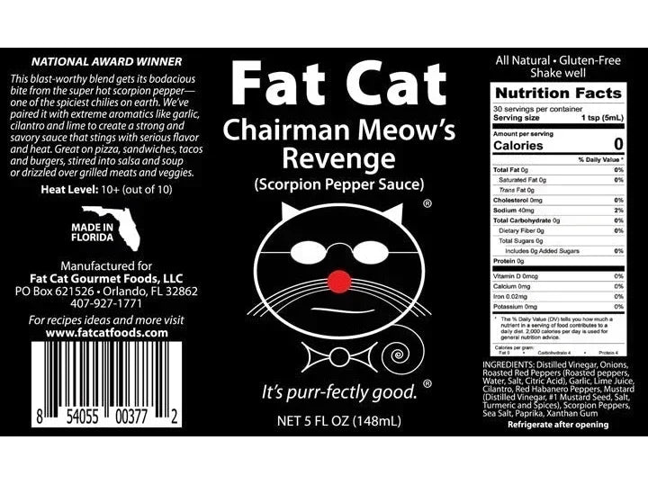 Fat Cat Chairman Meow’s Revenge scorpion pepper sauce bottle label with cat logo and nutrition facts