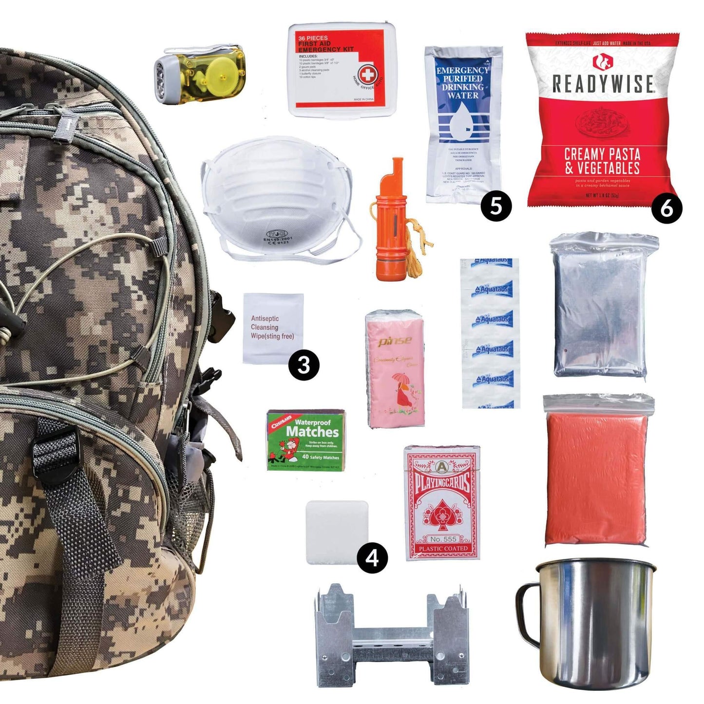 Emergency survival kit with camouflage backpack, food, water, mask, first aid, and gear