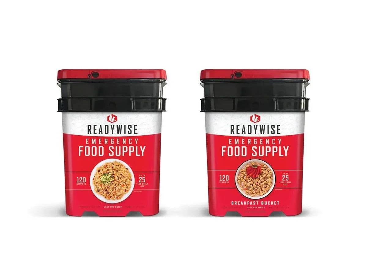 Two ReadyWise emergency food supply buckets with red labels, black lids, and oatmeal meals pictured.