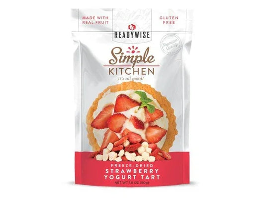 Freeze-dried strawberry yogurt tart snack pouch with strawberries and yogurt pieces on packaging
