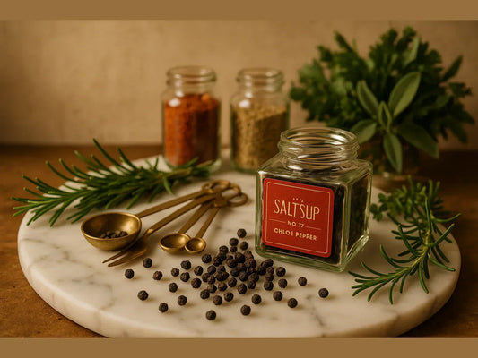 Elegant kitchen arrangement with glass spice jars, whole peppercorns, herbs, and brass measuring spoons on a marble tray
