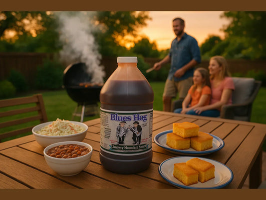 Family enjoying backyard BBQ with large barbecue sauce bottle, cornbread, beans, and coleslaw on table