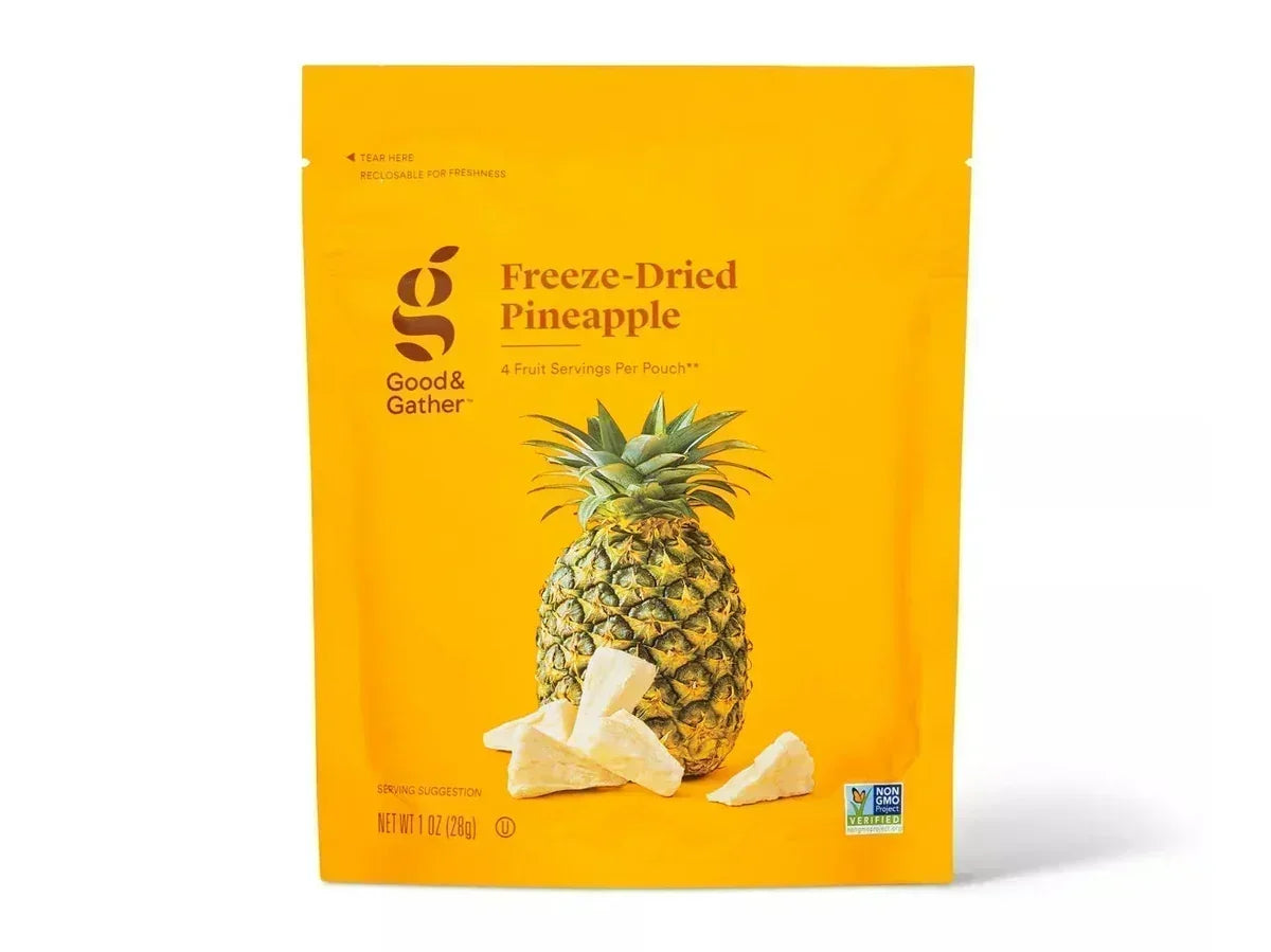 Good & Gather freeze-dried pineapple pouch with pineapple and dried fruit pieces on packaging