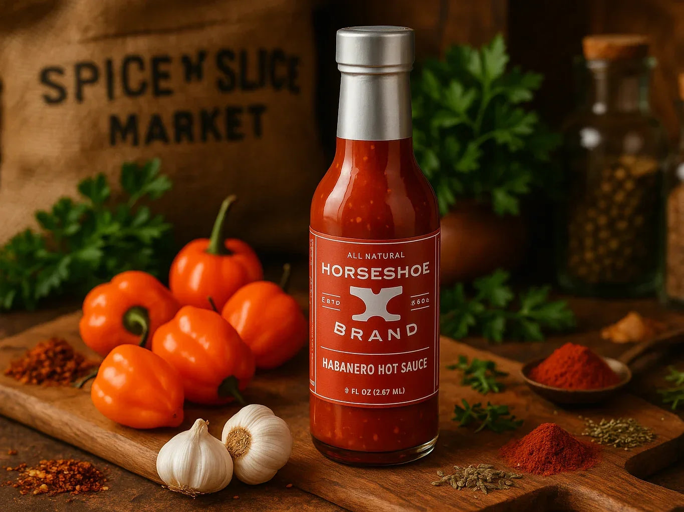 Habanero hot sauce bottle with fresh habanero peppers, garlic, and spices in a market setting