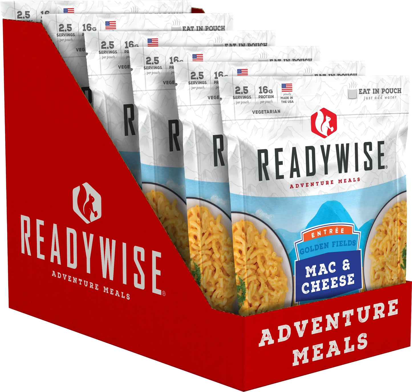 Display box of ReadyWise Mac & Cheese adventure meals with visible packaging and pasta image
