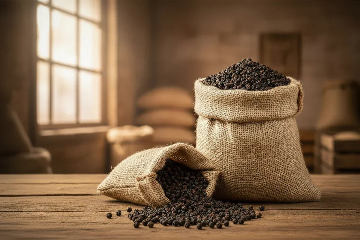 Two burlap sacks filled with black peppercorns spilling onto wooden table in rustic room