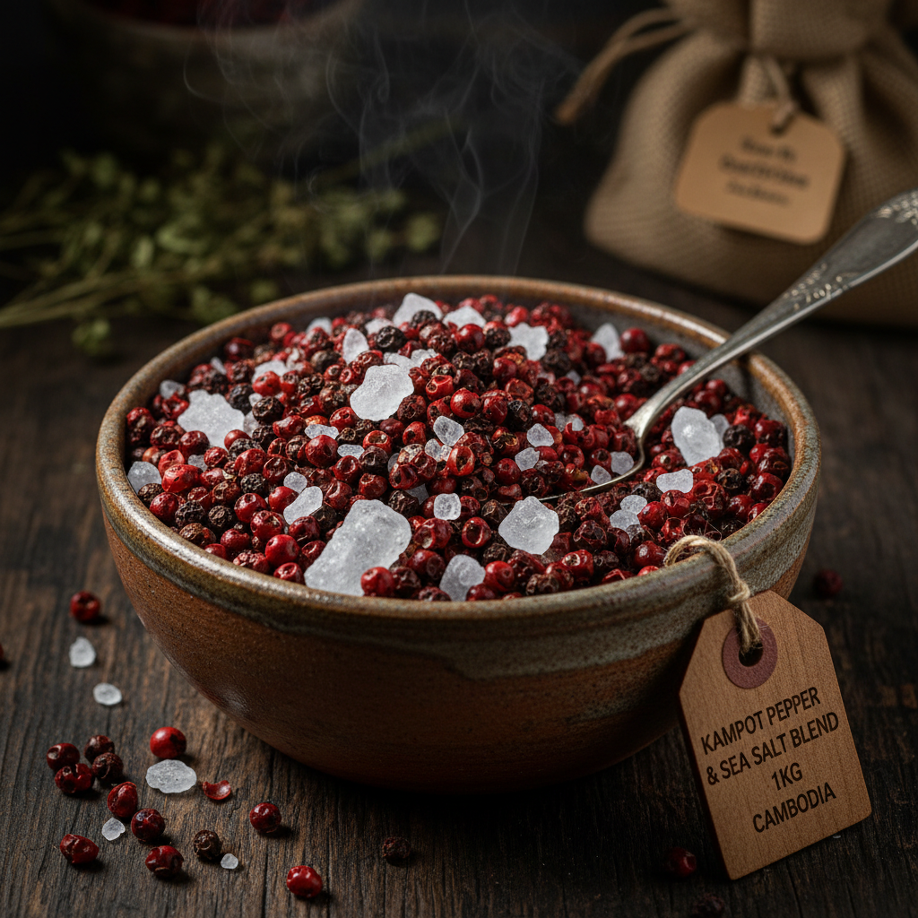 Mix red fermented Kampot pepper with salt in rustic ceramic bowl dark wooden surface