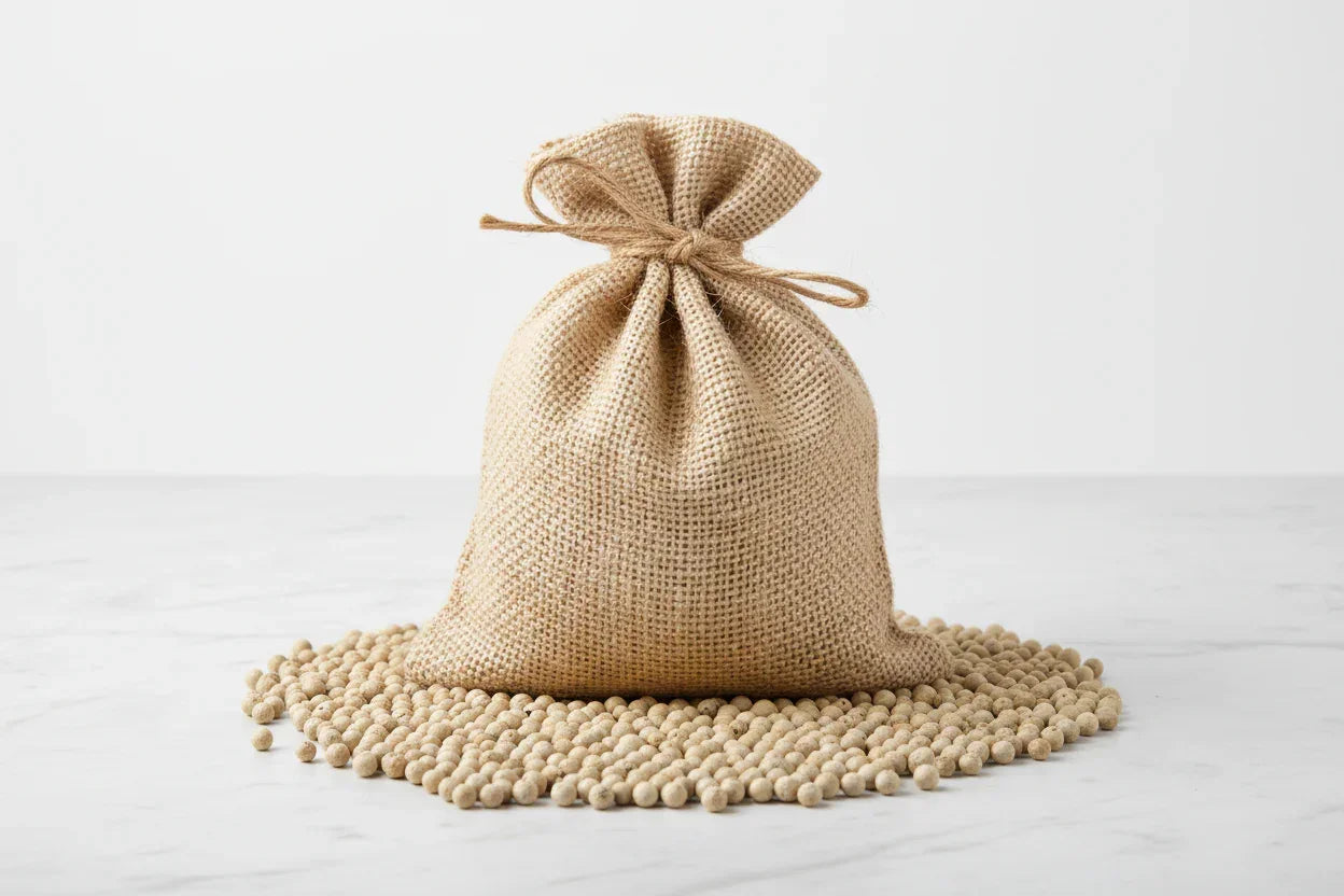 Burlap sack tied with twine surrounded by scattered beige peppercorns on marble surface