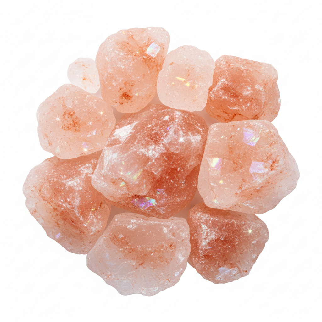 Crystal Pink Salt Diamonds macro close-up showing large geometric pink crystal formations with sparkling light