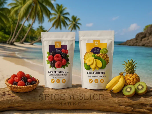 Tropical beach scene with NU TRI 100% Berries Mix and 100% Fruit Mix dried fruit pouches, surrounded by fresh berries, bananas, pineapple, and kiwi.