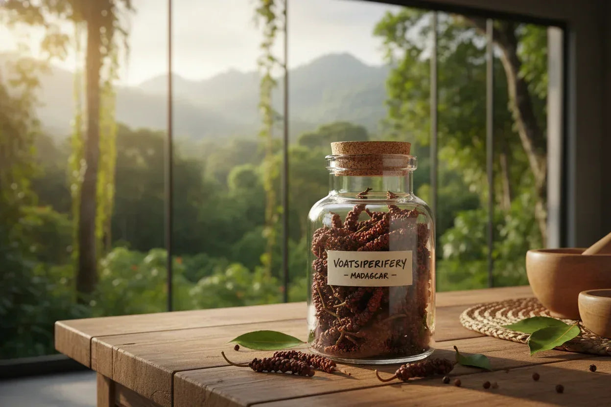Jar of Voatsiperifery pepper from Madagascar on wooden table with tropical forest view