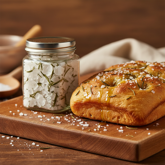 Rosemary crystal salt flakes jar beside freshly baked golden focaccia with olive oil