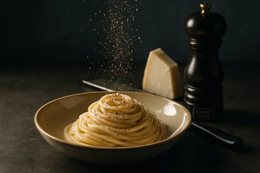 Cacio e pepe pasta topped with Kampot pepper, parmesan wedge and pepper mill in background