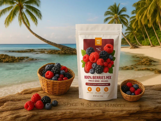 Organic freeze dried berries mix package with fresh berries on tropical beach