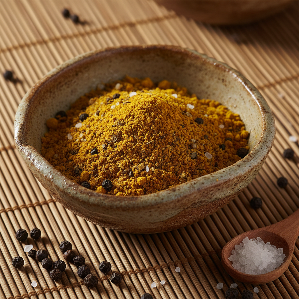 Tukmeric spice mix golden turmeric and black pepper in rustic ceramic bowl bamboo mat