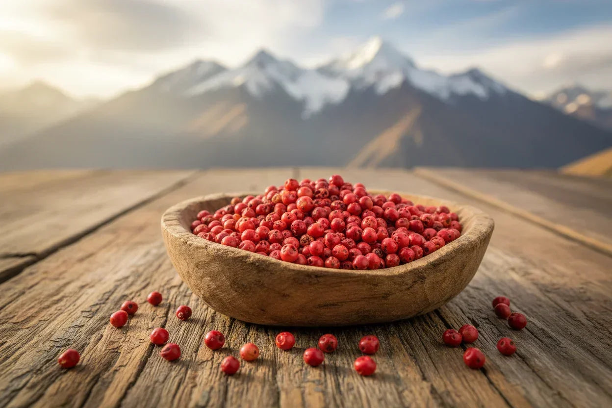 Wooden bowl of red Kampot peppercorns on rustic table with mountains in background