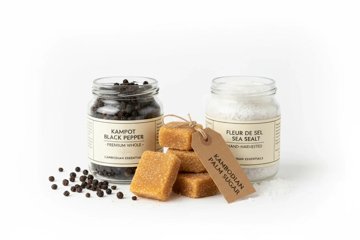 Glass jars of Kampot black pepper and Fleur de Sel sea salt with Cambodian palm sugar blocks