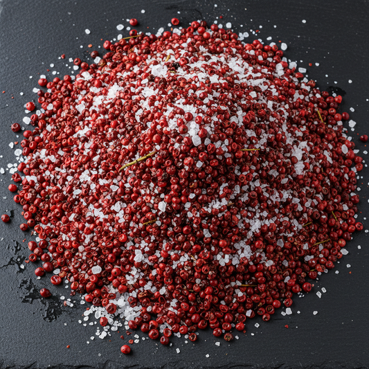 Mix red Kampot pepper with salt wholesale bulk overhead shot dark slate