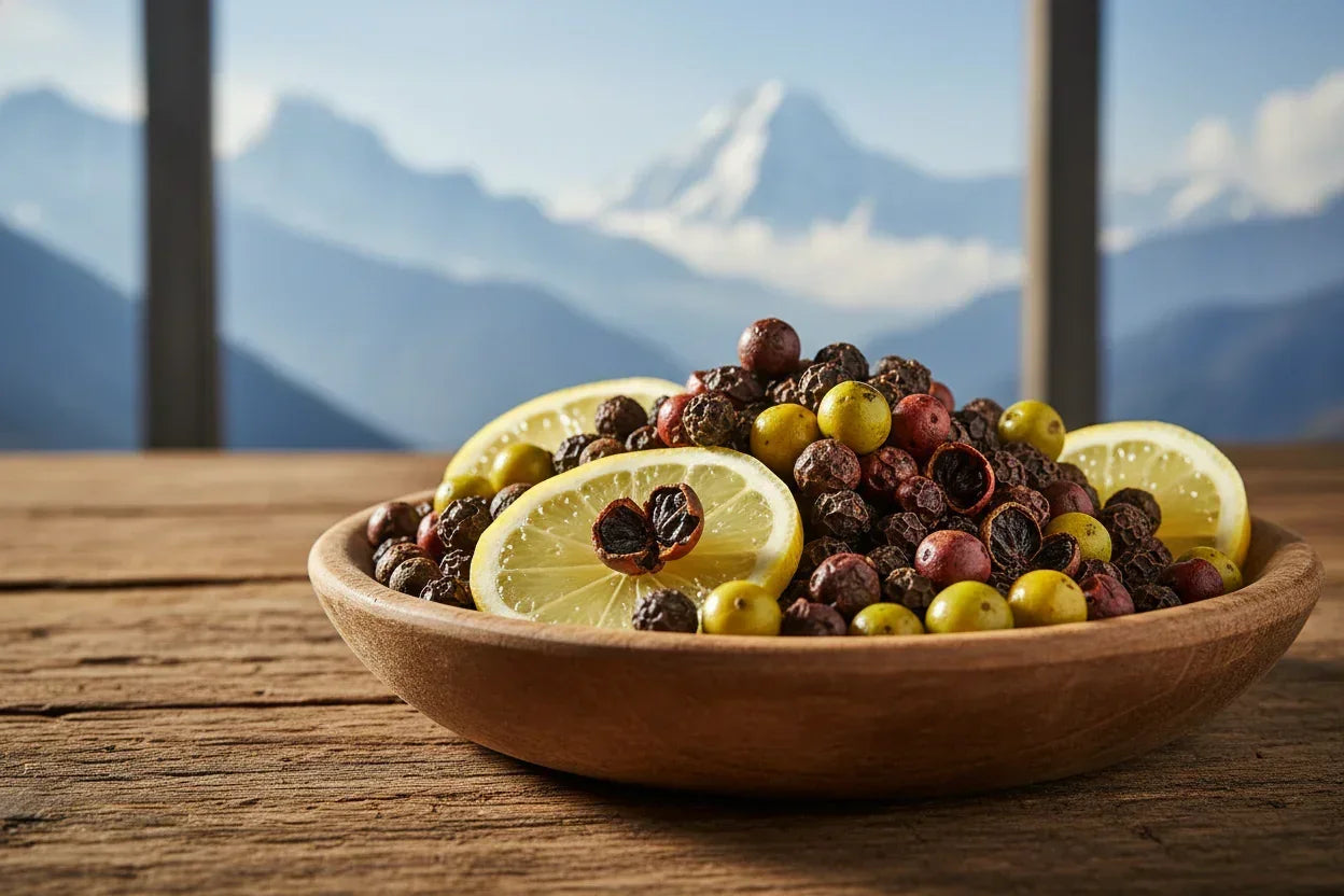 Wooden bowl of mixed peppercorns and lemon slices on rustic table with mountain view
