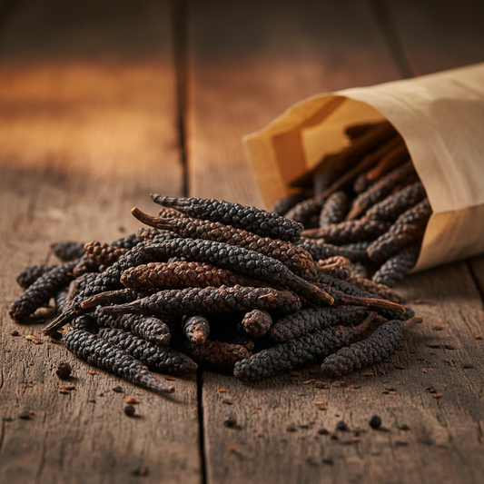 Wholesale bulk black long pepper Kampot Cambodia piled on rustic wooden surface