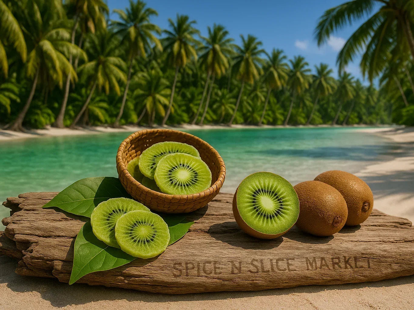 Fresh whole and sliced kiwis on rustic wood by a tropical beach with palm trees