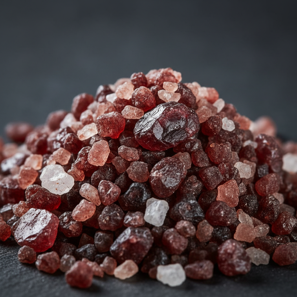 Red Wine Gourmet Salt crystals macro close-up with deep burgundy wine-infused tones