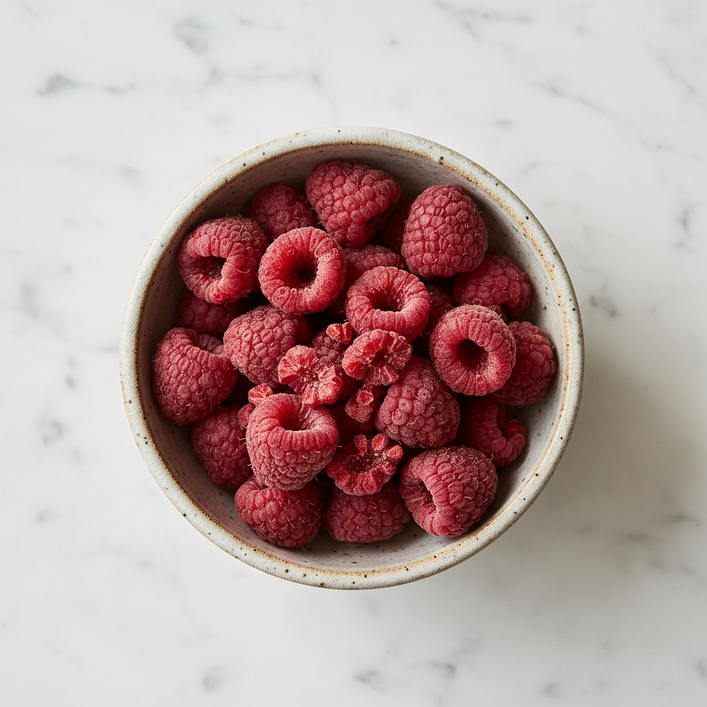 Freeze dried organic raspberries in ceramic bowl overhead shot