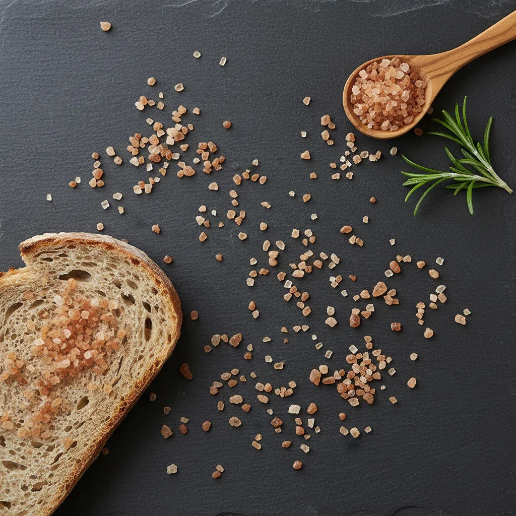 Beech smoked salt coarse flat lay with wooden spoon and rosemary on slate